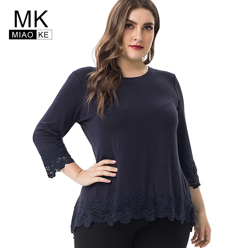 

Miaoke 2019 Fall ladies Plus Size Elegant Knitted tops womens fashion large size Vintage Lace female T-shirts