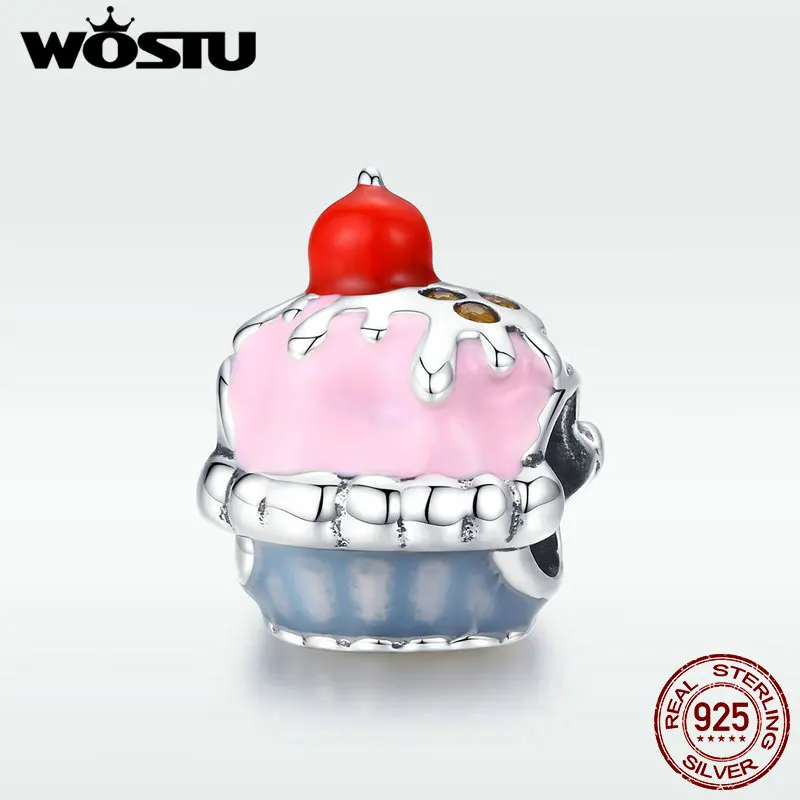 

WOSTU Lovely 925 Sterling Silver Pink Cup Cake Cherries Beads Charm Fit Bracelet Pendant For Women Beads Jewelry Making DXC1084