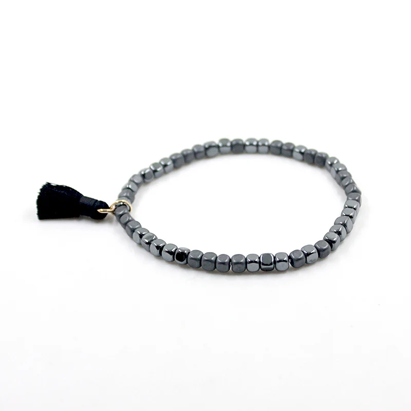 Черный и серый Кубик из гематита браслет из бисера с черной кисточкой ювелирные изделия ручной работы браслет для мужчин и женщин