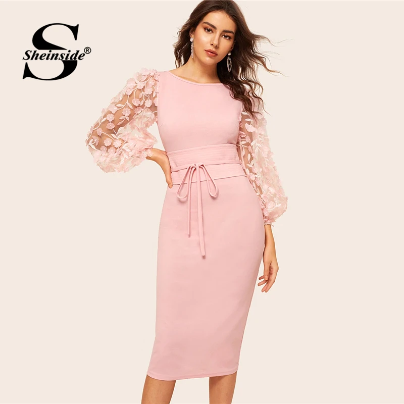 

Sheinside Applique Contrast Mesh Sleeve Pencil Dress Women 2019 Spring Belted Pink Dresses Ladies Lantern Sleeve Stretchy Dress