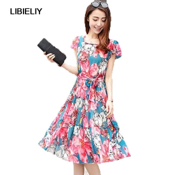 

Nice Spring Summer New Large Size Women Dress Floral short-sleeved Printed Chiffon Dress Bohemia Beach O Neck Dress LU158