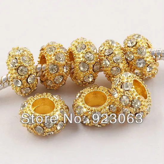 100pcs Clear Rhinestone Gold Color Alloy Rondelle Spacer Big Hole Beads