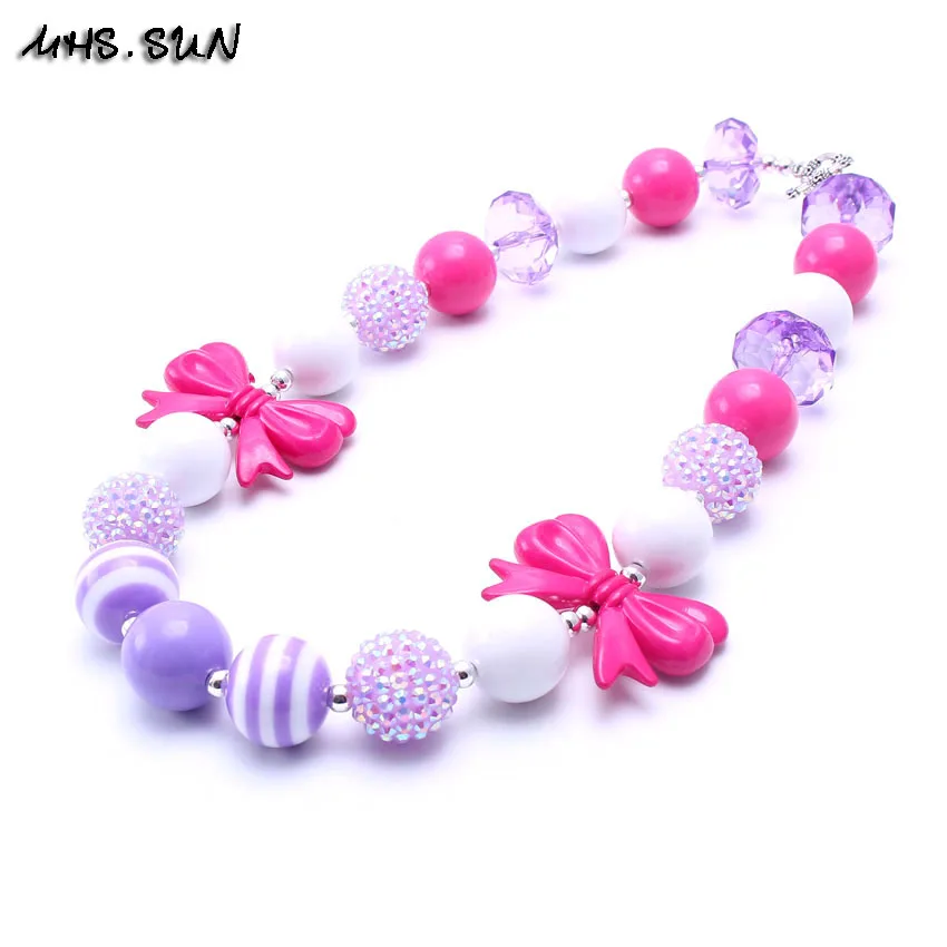 

Sparkly plum bow pendant necklace girls chunky beads necklace jewelry Colorful of bubble gum beaded kids chunky necklace !!