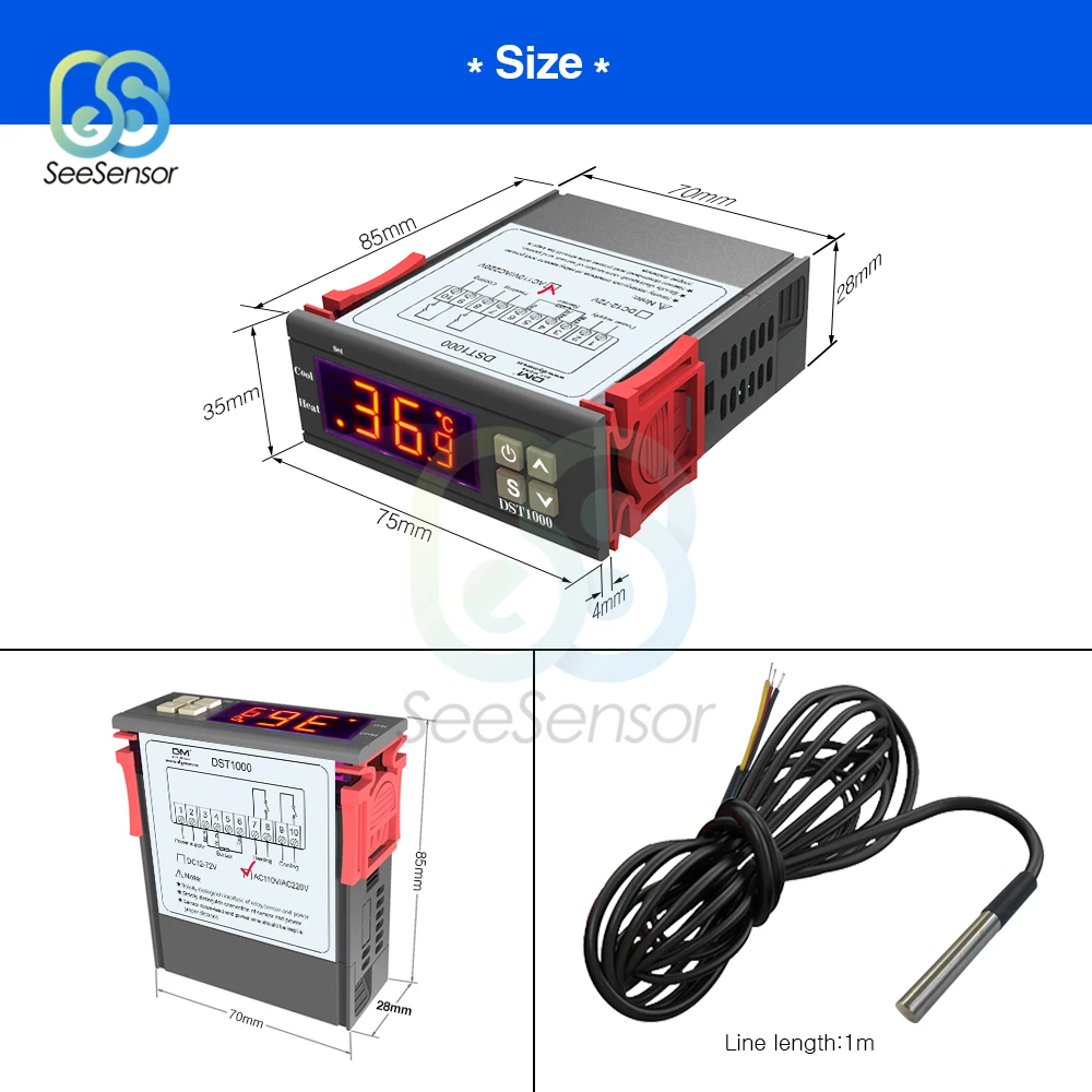 DST1000 AC 110V 220V DC 12-72V цифровой контроль температуры контроллер Лер термостат DS18B20 датчик Водонепроницаемый заменить STC-1000