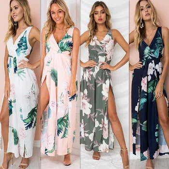 

Sexy V-Neck jumpsuit women long romper summer loose trousers pants floral bodysuit side split beach playsuit female frock
