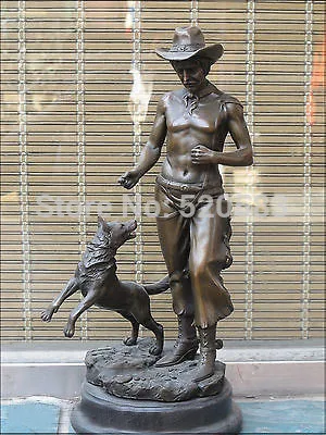 

16"Western Bronze ART nude West Cowboy & collie Dog statue