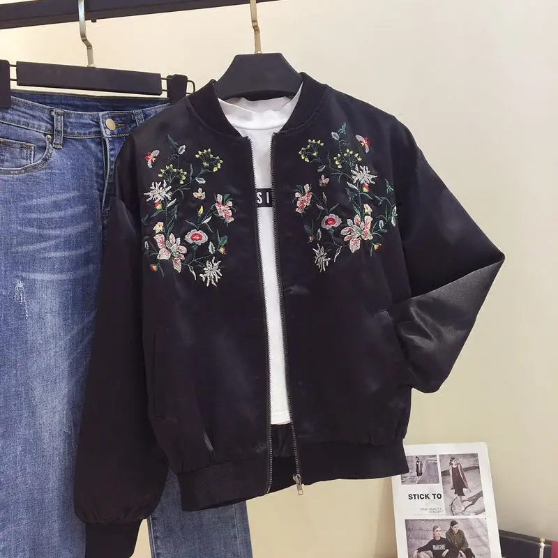Plus Size 3XL Spring Jacket Women Black Floral Embroidery Bomber Jacket Women Basic Coats Baseball Uniform Womens Jackets C4254