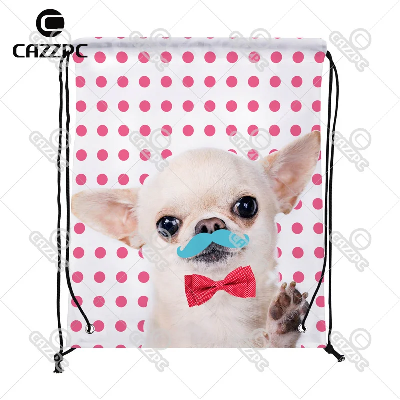 

Pink Dot cute Tiny Chihuahua Moustache Red Bow Tie Pattern Print Custom individual Nylon fabric Drawstring Backpack gift bag