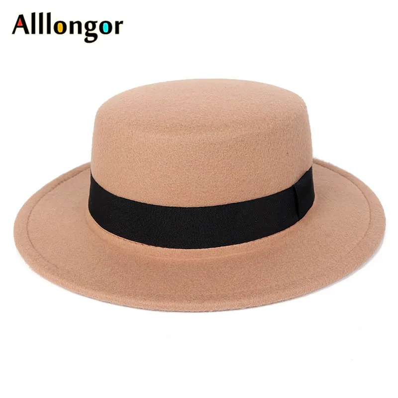 Осень, зимняя женская шерстяная фетровая шляпа, мужская шляпа с широкими полями, джазовая шляпа с поясом, шапки-котелки, фетровые шляпы, Клош, черный, красный
