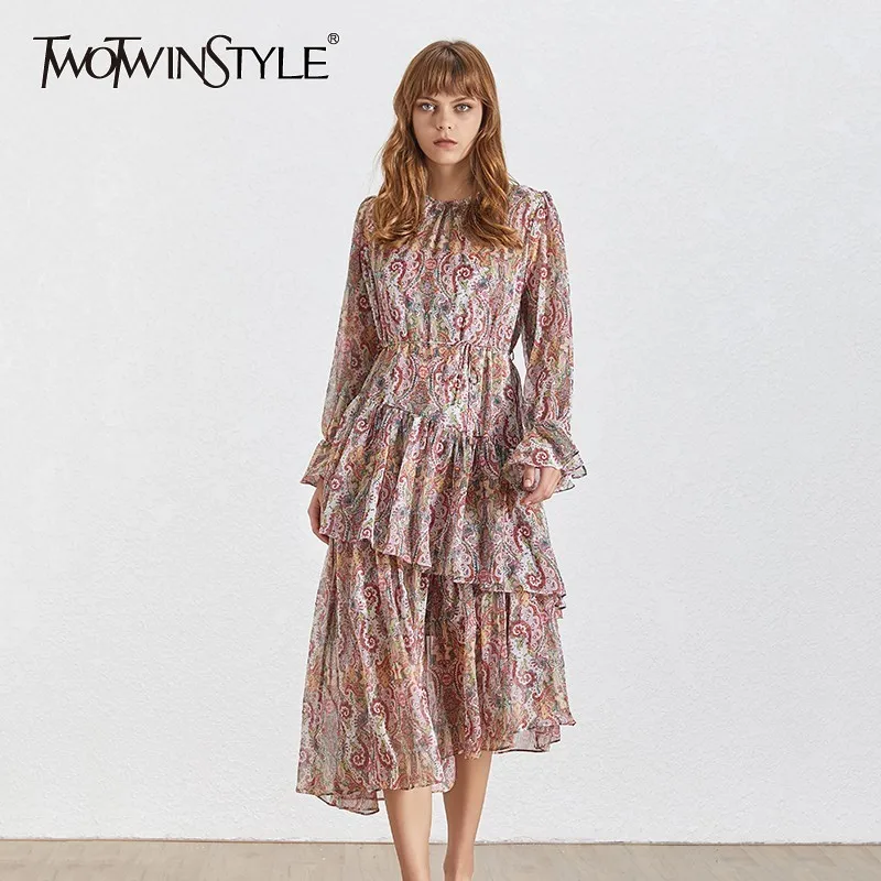

TWOTWINSTYLE Vintage Print Dress Women O Neck Flare Sleeve Bandage Bow High Waist Summer Asymmetrical Female Dresses Fashion New