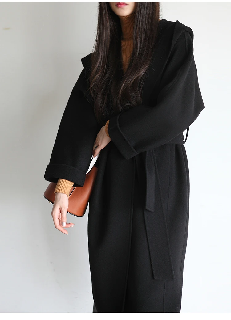 Женское шерстяное пальто большого размера, новинка, длинная двухсторонняя шерстяная куртка с капюшоном, женская высококачественная шерстяная куртка ручной работы LJ534