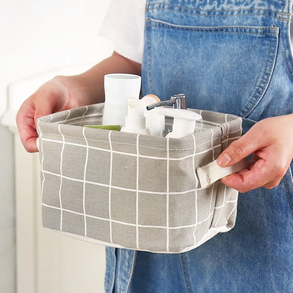 

1pc Waterproof Cotton Linen Desktop Storage Basket for Toiletries Cosmetic Handle Table Cloth Box Container Home Organization