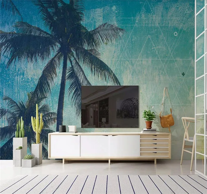 Custom 3D wallpaper Nordic style coconut tree nostalgic background wall paper mural - silk waterproof material Custom 3D wallpaper Nordic style coconut tree nostalgic background wall paper mural - silk waterproof material