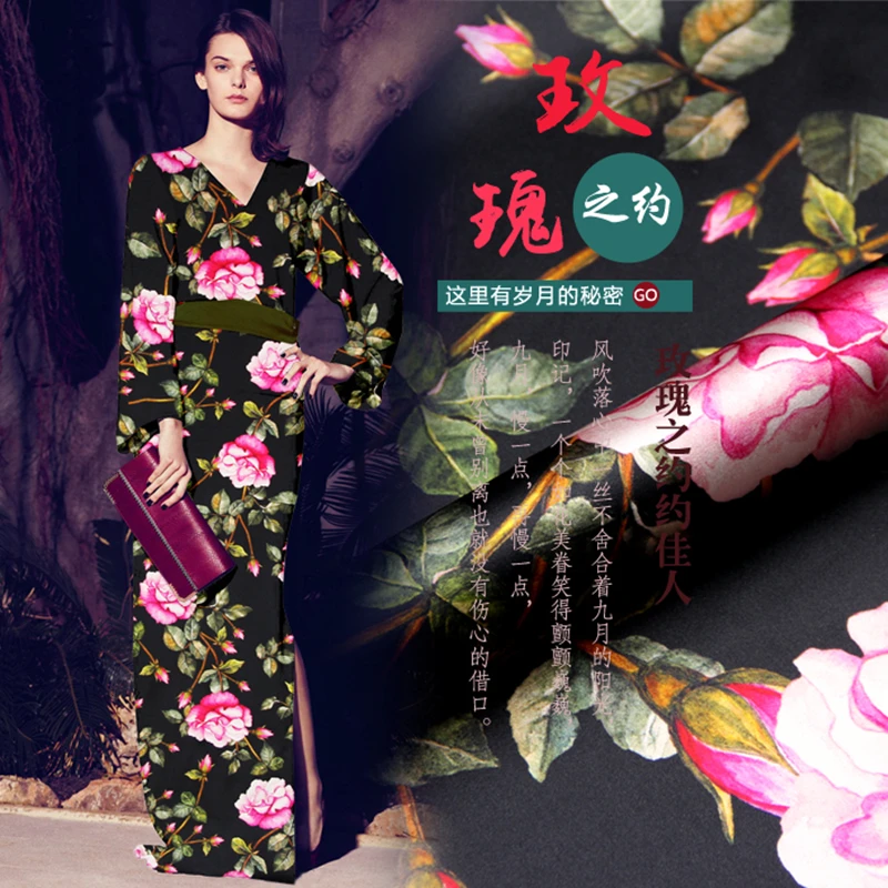 

(50 cm/lot) air brushing printed silk fabric for sewing elastic satin fabrics 19 mm heavy Mulberry stretch cloth rose flowers