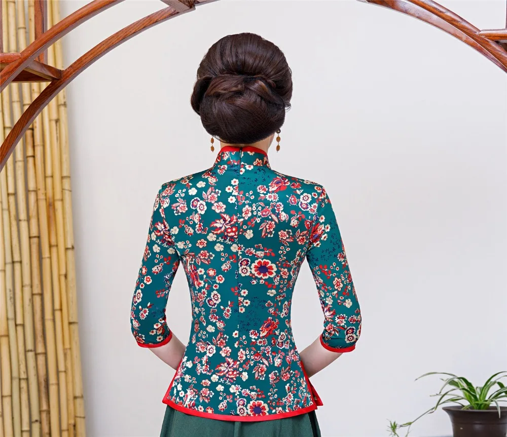 Шанхай история цветочный Cheongsam рубашка Qipao топ с рукавом 3/4 Китайский традиционный топ из искусственного шелка китайская блузка для женщин