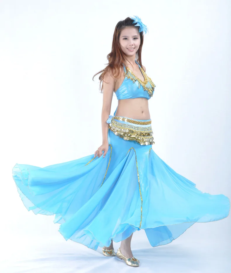 DJGRSTER, новинка, 3 шт., костюм для танца живота, костюм Болливуда, индийское платье, платье для танца живота, женский костюм для танца живота, наборы, Племенной Стиль - Цвет: Light Blue