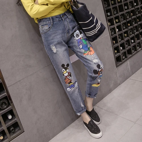 

S-5XL New high waist women jeans Summer preppy Style casual pant plus size women's kawaii Mickey cartoon printed denim pants