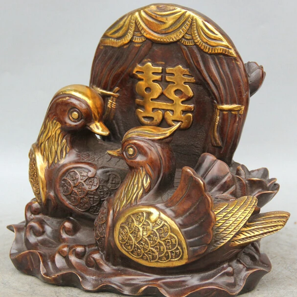 JP S0524 1" Китайский Бронзовый Gild Богатство Деньги супруга Мандаринка Птица Статуя скульптура B0403