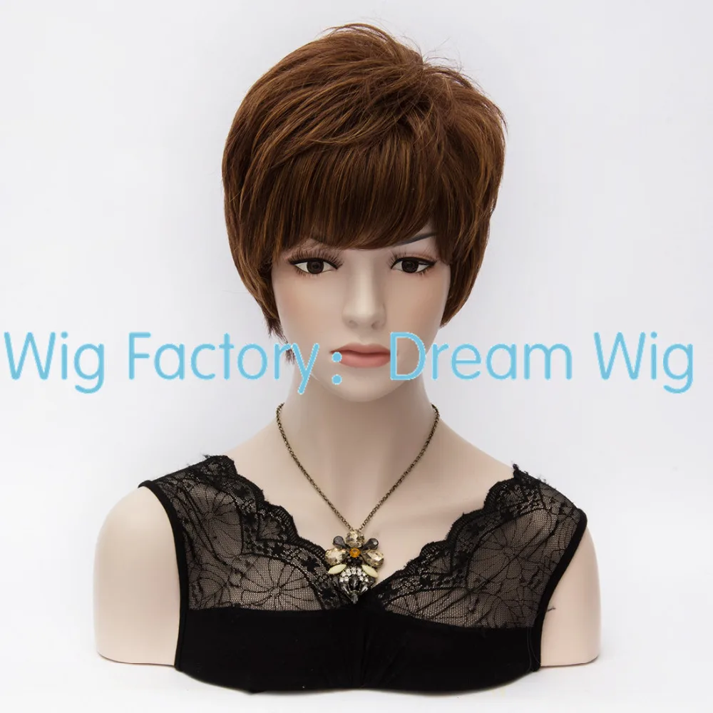 Indah Sintetis Chestnut Brown Rambut Pendek Keriting Penuh Bang