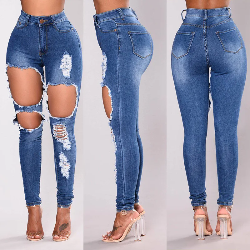 Hole Fashion Denim Jeans Womens Office Aldy Solid High Waisted Jeans Skinny Butt Lift Pants