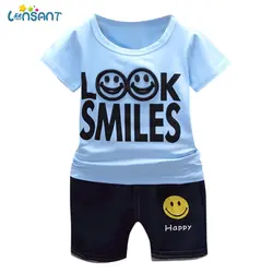 LONSANT/комплекты одежды для маленьких мальчиков и девочек, летняя детская одежда из хлопка, Однотонная футболка с принтом смайлика +