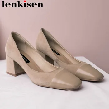 

2019 woman Spring brand luxury genuine leather luxury square toe chunky med heels new fashion dating dress gorgeous pumps Ldf9