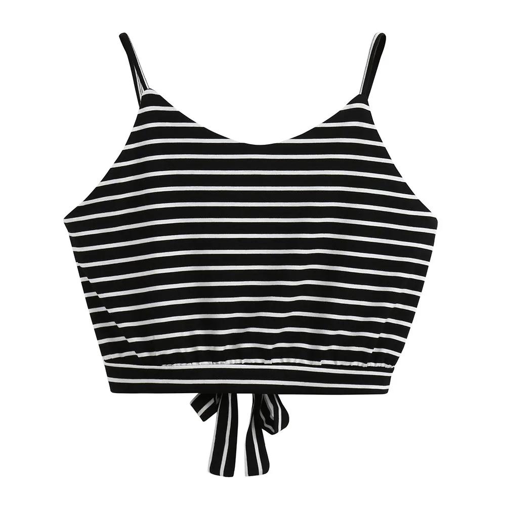 

ISHOWTIENDA summer sexy top Women Shirts Tanks Top Summer Clothing Spaghetti Strap V Neck Stripe Seft Tie Back Crop ropa mujer