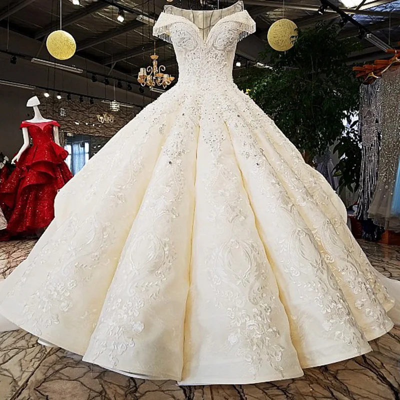 

Vestido de noiva ivory and champagne off shoulder sweetheart ball gowns lace up wedding dresses from China Real photos
