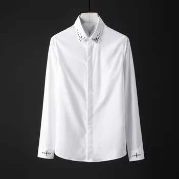 

Mens Shirts Luxury Metal Rivet Collar Long Sleeve Mens Dress Shirts Plus Size 4xl Slim Fit Casual Party Nightclub Shirts Man