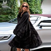 Furealux натуральный норковый мех с пальто для женщин юбка свободный стиль пальто куртки Turn-Down Воротник теплая зимняя верхняя одежда