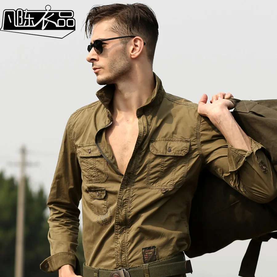 High Quality Men's Casual Long Sleeved Cargo Shirt Plus