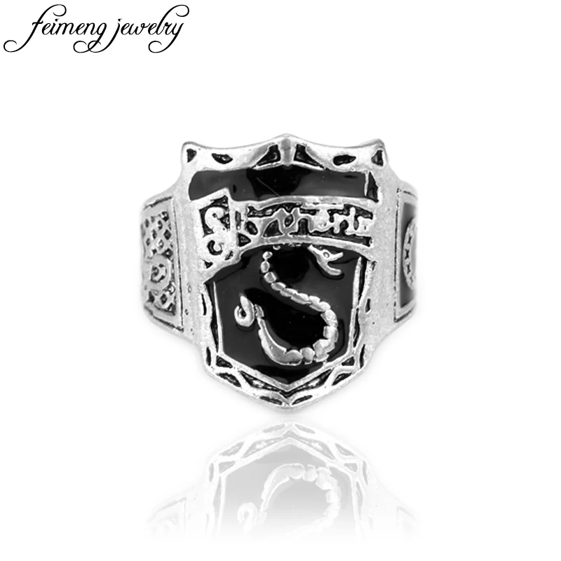 

feimeng jewelry Hogwarts Slytherin House Crest Ring Black Enamel Snake Rings Punk Style Ring Men's Courage Bravery Chivalry Ring