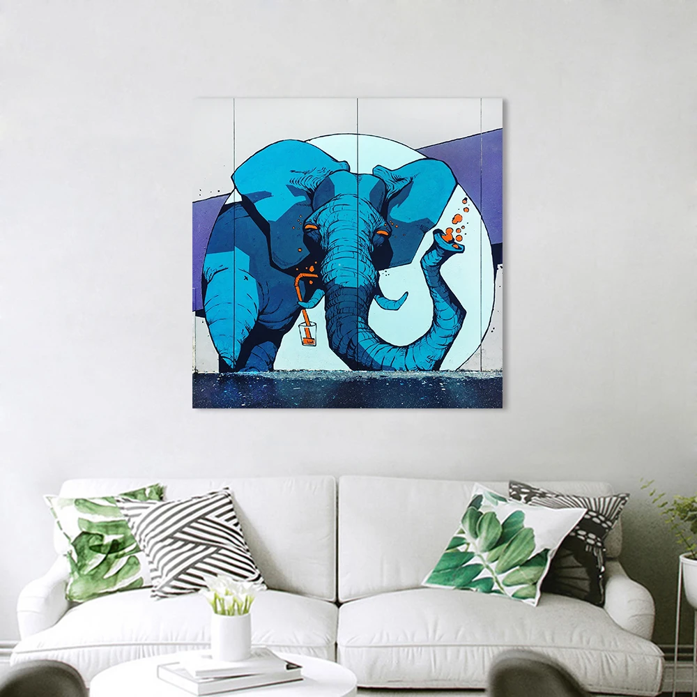

DDWW Wall Art Painting Canvas Print Graffiti Animal Picture Elephant Drinking Beverage For Living Room Home Decor No Frame