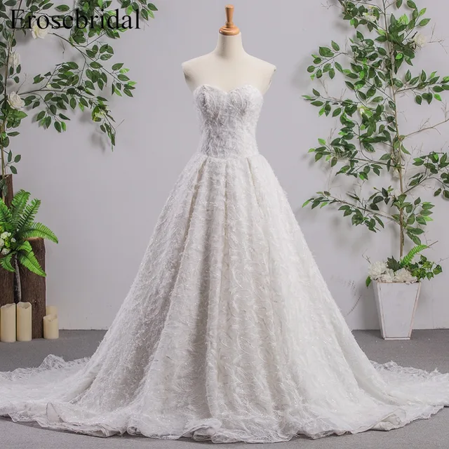 A Line Sleeveless Wedding Dress With Feather Lace Up Back Sweetheart A Line Sleeveless Wedding Dress With Feather Lace Up Back Sweetheart Bridal Gown Long