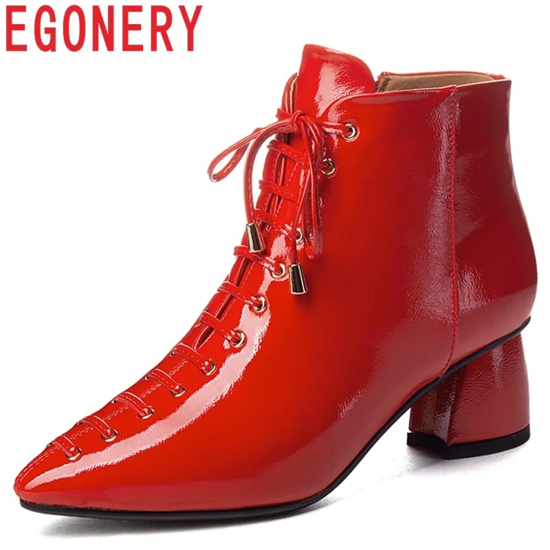 

EGONERY women shoes 2018 new fashion sexy pointed toe winter warm zipper med hoof heels cross-tied patent leather ankle boots