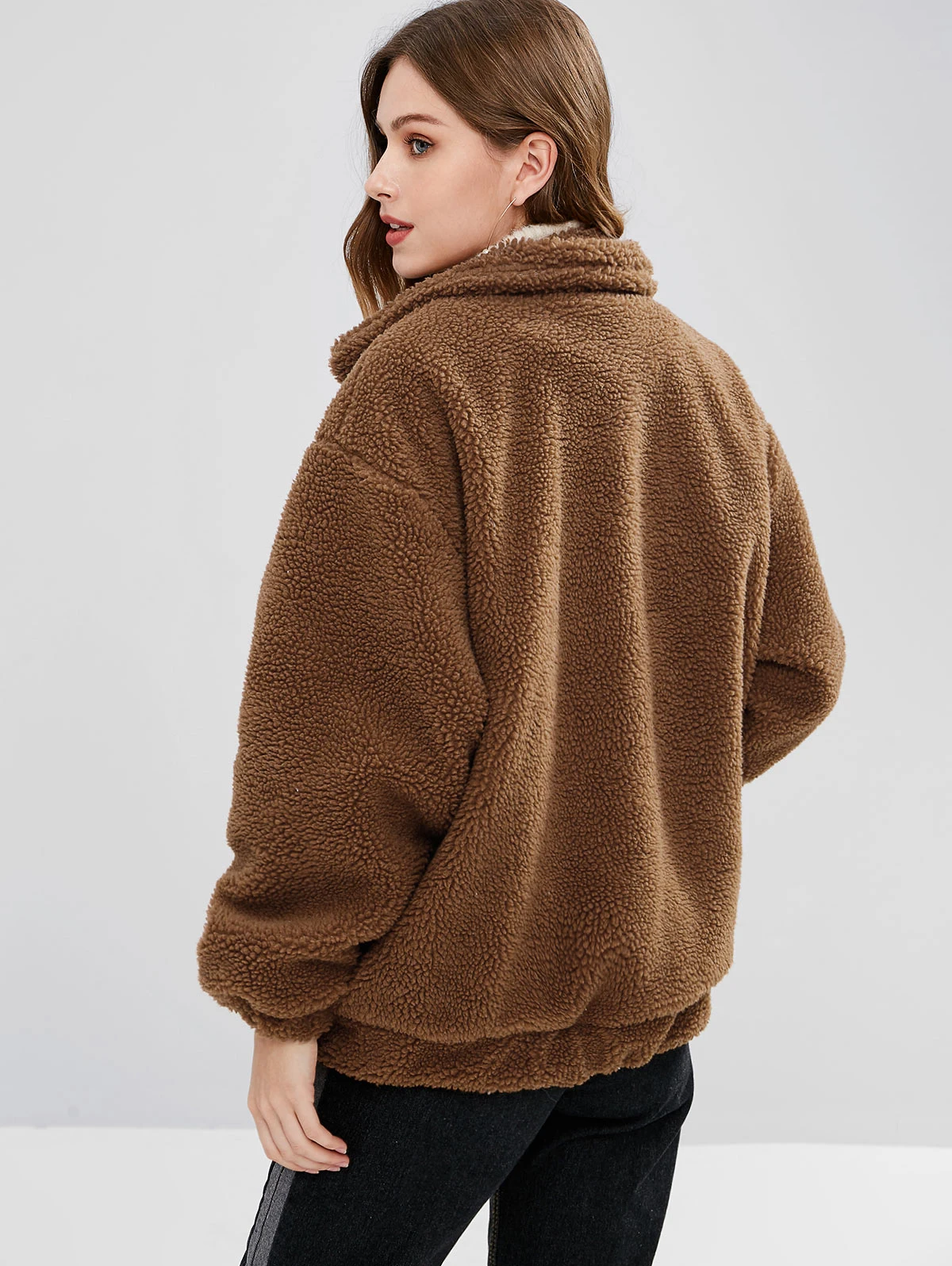ZAFUL, пушистое шерстяное пальто на молнии для женщин, открытая стежка, берберский флис, шерпа, зимняя одежда на молнии, карманы, медвежонок, верхняя одежда для женщин