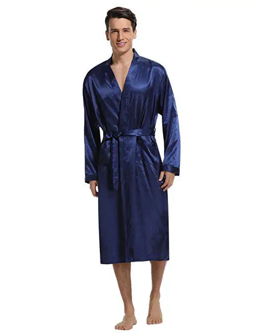 Темно-синий мужской Пижама-кимоно атласный халат пижама Домашняя одежда халат с длинными рукавами из сатина Мягкая шелковистая Ночная сорочка - Цвет: Navy Blue