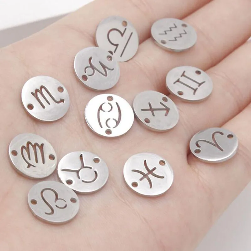 

10pcs/lot 12mm Mirror Polished Steel Color Round Disc Zodiac Signs Charms With 1.5 mm Two Inner Holes Constellation Accessories