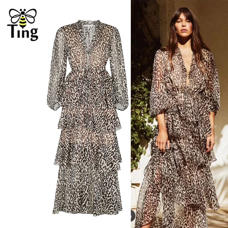 

Tingfly Summer Designer Runway Leopard Long Dress Casual Fashion Single Breasted Deep V neck Drawsting Waist Layered Dress Boho