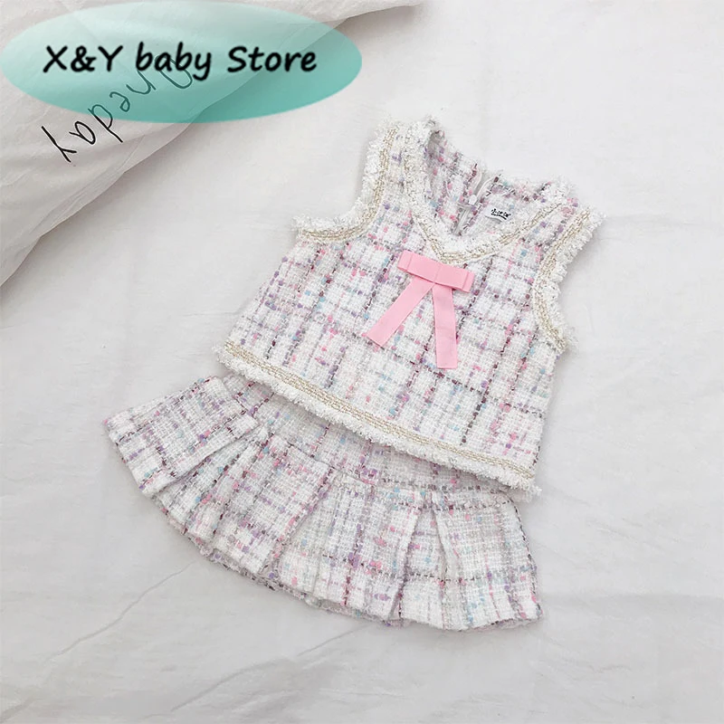 

Spring Autumn Baby Girls Clothes Sets Sweet Princess Suits Sleeveless Vest + Pleated Skirt 2Pcs Outwear Bebe Girl Clothing Set