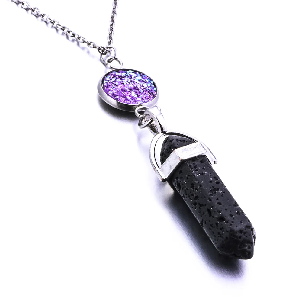 

Resin Drusy Druzy Natural Stone Hexagonal Prism Black Lava Stone Aromatherapy Essential Oil Perfume Diffuser Necklace Jewelry