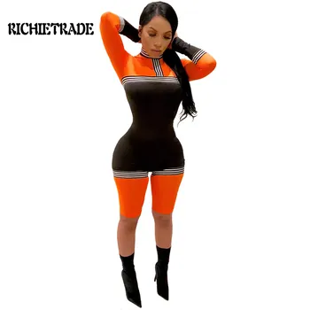 

Richietrade Sexy Woman Jumpsuit Striped High Neck Long Sleeve Short Pants