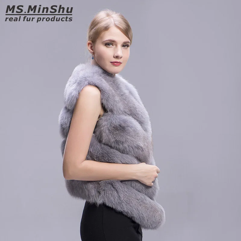 Ms De Femelle Gilet Renard Outwear Luxe Fourrure Minshu Sans Réel Naturelle Veste Manches Manteau Véritable grtRrY