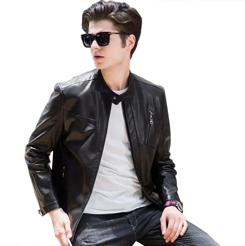 

New Men's Genuine Leather Jacket Real sheepskin Short motorcycle jacket Black Male Spring leather jackets Plus Size