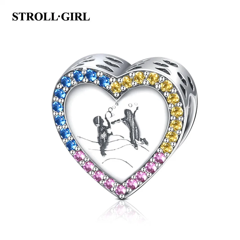 

Strollgirl 925 sterling silver Cute Colorful CZ childhood Charm Heart Shape beads Fit European Bracelet for Women DIY Jewelry