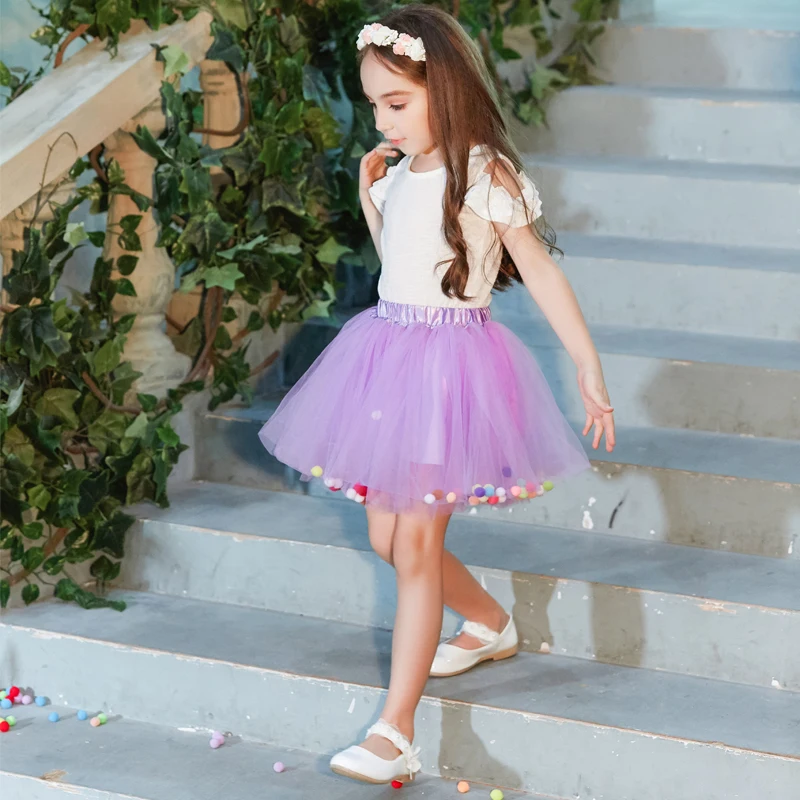 B&N Soft Chiffon Elastic Waist Girl Princess Pettiskirts Children Dance Solid Tutu Skirts Coloful Pompom Tulle Skirts For 2-8T32
