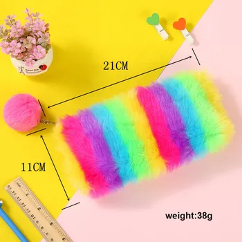 

1 Pcs Rainbow Color Plush Pencil Case Makeup Bags Pompom Ball Decor Stationery Pouch HJ55