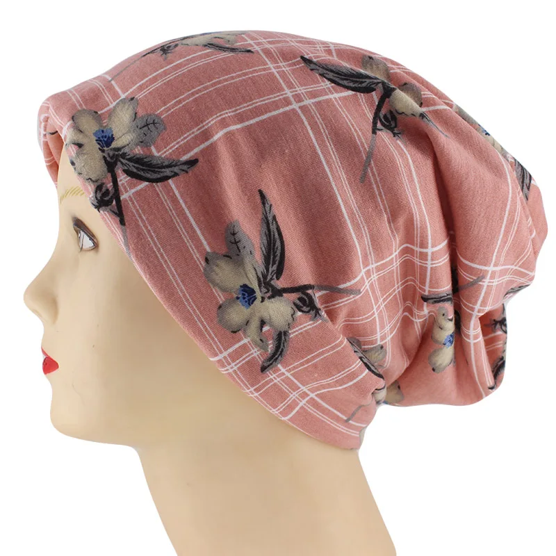 Новые модные женские хлопковые шапки и шарфы, двойные повседневные шапочки для девочек, Осенние Теплые шапочки с цветочным рисунком, брендовые шапки Gorras - Цвет: Розовый