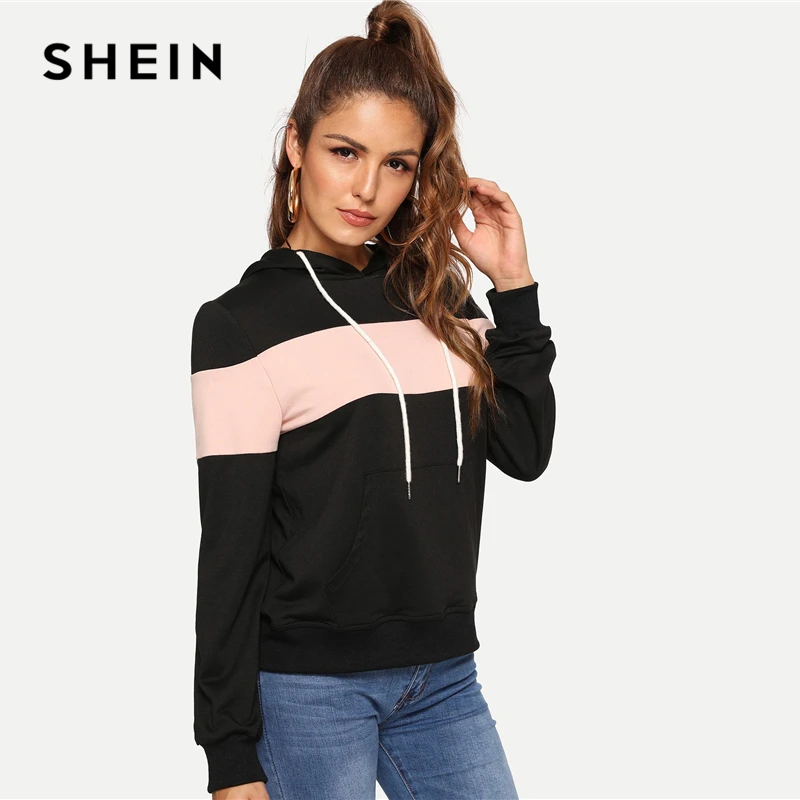  SHEIN Black Casual Hooded Drawstring Color Block Pocket Minimalist Pullovers Sweatshirt Autumn Prep