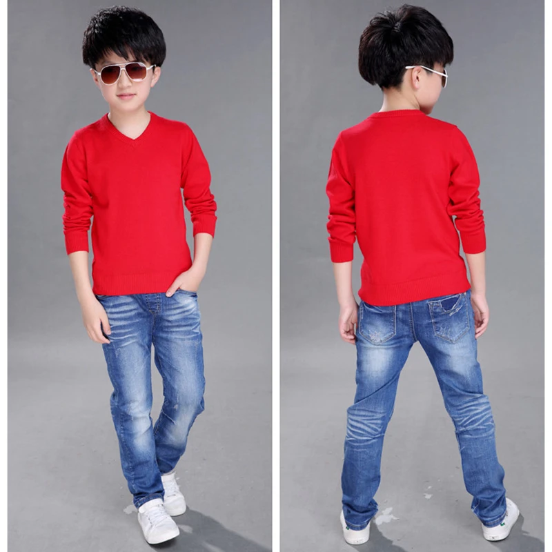 Fashion Boys Sweater Knitting Pattern Spring Children Pullovers Tops Cotton Kids Outerwear Clothes Pure Color Sweater 4-16Y